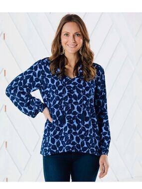 SAIL to SABLE Navy Light Blue Abstract Leaf Print Ruffle Neck Tunic XLF2045